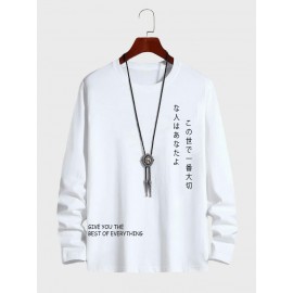 Mens Japanese Letter Print Crew Neck Casual Long Sleeve T-Shirts Winter
