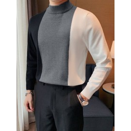 Mens Color Block Patchwork Knit Long Sleeve T-Shirt