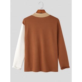 Mens Color Block Patchwork Knit Long Sleeve T-Shirt