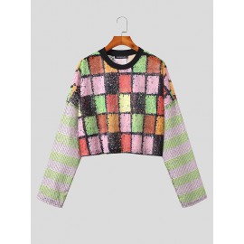 Mens Windowpane Pattern Lace Long Sleeve Cropped T-Shirt