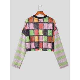 Mens Windowpane Pattern Lace Long Sleeve Cropped T-Shirt