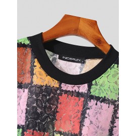 Mens Windowpane Pattern Lace Long Sleeve Cropped T-Shirt