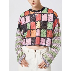 Mens Windowpane Pattern Lace Long Sleeve Cropped T-Shirt