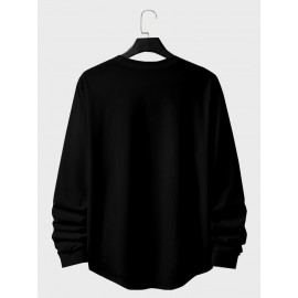 Mens Cat Graphic Crew Neck Curved Hem Long Sleeve T-Shirts