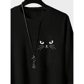 Mens Cat Face Print Crew Neck Cotton Casual Long Sleeve T-Shirts