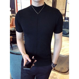 Mens Solid Half-Collar Short Sleeve Knit T-Shirt