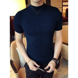 Mens Solid Half-Collar Short Sleeve Knit T-Shirt