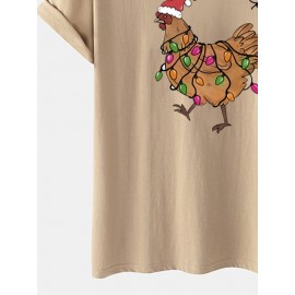 Mens Christmas Chicken Print Crew Neck Short Sleeve T-Shirts Winter
