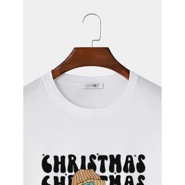 Mens Christmas Cartoon Santa Claus Letter Print Short Sleeve T-Shirts Winter