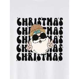 Mens Christmas Cartoon Santa Claus Letter Print Short Sleeve T-Shirts Winter
