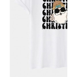 Mens Christmas Cartoon Santa Claus Letter Print Short Sleeve T-Shirts Winter