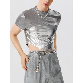 Mens Metallic Patchwork Short Sleeve Cropped T-Shirt