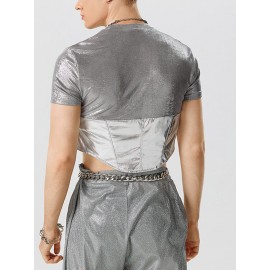 Mens Metallic Patchwork Short Sleeve Cropped T-Shirt