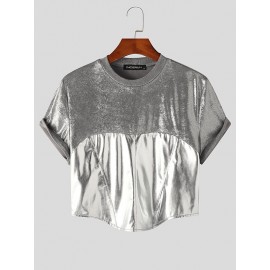 Mens Metallic Patchwork Short Sleeve Cropped T-Shirt