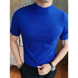 Mens Solid Half-Collar Casual Short Sleeve T-Shirt