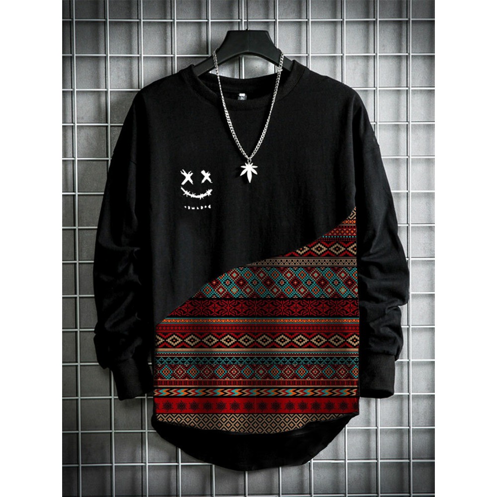 Mens Smile Vintage Geometric Print Patchwork Curved Hem T-Shirts Winter