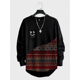 Mens Smile Vintage Geometric Print Patchwork Curved Hem T-Shirts Winter