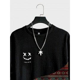 Mens Smile Vintage Geometric Print Patchwork Curved Hem T-Shirts Winter