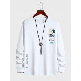 Mens Japanese Wave Ukiyoe Print Crew Neck Cotton Long Sleeve T-Shirts