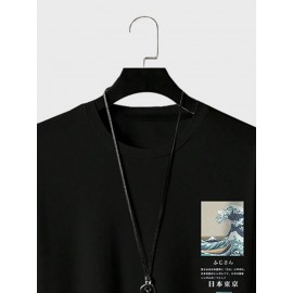 Mens Japanese Wave Ukiyoe Print Crew Neck Cotton Long Sleeve T-Shirts