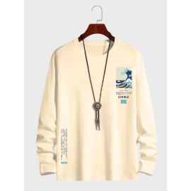 Mens Japanese Wave Ukiyoe Print Crew Neck Cotton Long Sleeve T-Shirts
