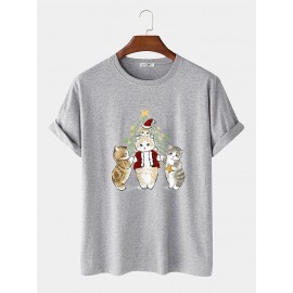 Mens Christmas Cartoon Cat Print Crew Neck Short Sleeve T-Shirts Winter