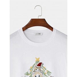 Mens Christmas Cartoon Cat Print Crew Neck Short Sleeve T-Shirts Winter