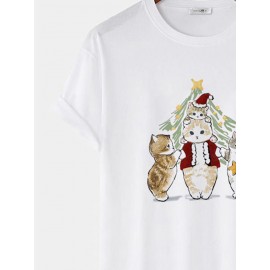 Mens Christmas Cartoon Cat Print Crew Neck Short Sleeve T-Shirts Winter