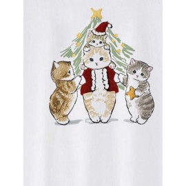 Mens Christmas Cartoon Cat Print Crew Neck Short Sleeve T-Shirts Winter