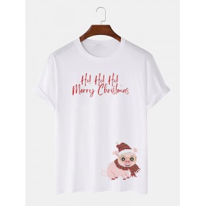 Mens Christmas Cartoon Pig Print Crew Neck Short Sleeve T-Shirts Winter