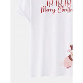 Mens Christmas Cartoon Pig Print Crew Neck Short Sleeve T-Shirts Winter