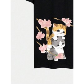 Mens Japanese Cherry Blossoms Cat Print Crew Neck Short Sleeve T-Shirts Winter