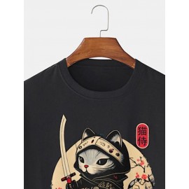 Mens Japanese Warrior Cat Floral Print Short Sleeve T-Shirts Winter