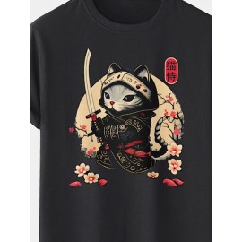 Mens Japanese Warrior Cat Floral Print Short Sleeve T-Shirts Winter