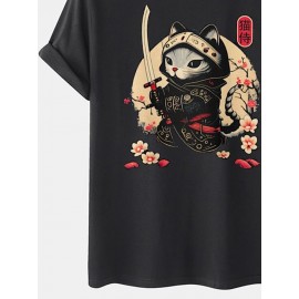 Mens Japanese Warrior Cat Floral Print Short Sleeve T-Shirts Winter