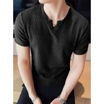 Mens Solid Notched Neck Waffle Knit Short Sleeve T-Shirt