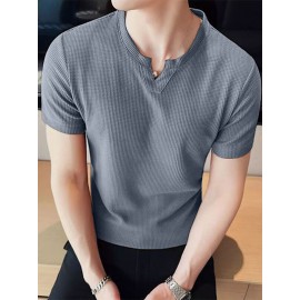 Mens Solid Notched Neck Waffle Knit Short Sleeve T-Shirt