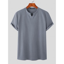 Mens Solid Notched Neck Waffle Knit Short Sleeve T-Shirt
