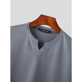 Mens Solid Notched Neck Waffle Knit Short Sleeve T-Shirt