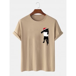 Mens Christmas Hat Cat Chest Print Casual Short Sleeve T-Shirts