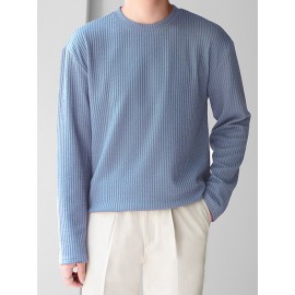 Mens Solid Texture Crew Neck Long Sleeve T-Shirt