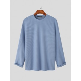 Mens Solid Texture Crew Neck Long Sleeve T-Shirt