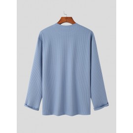 Mens Solid Texture Crew Neck Long Sleeve T-Shirt