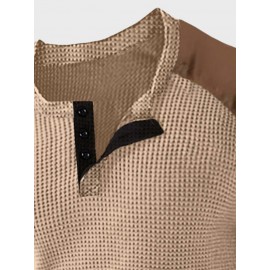 Mens Contrast Patchwork Quarter Button Waffle Knit Long Sleeve T-Shirts Winter