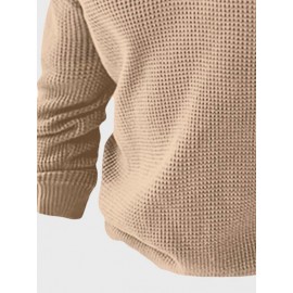 Mens Contrast Patchwork Quarter Button Waffle Knit Long Sleeve T-Shirts Winter