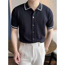 Mens Contrast Trim Lapel Knit Short Sleeve Shirt