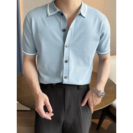 Mens Contrast Trim Lapel Knit Short Sleeve Shirt