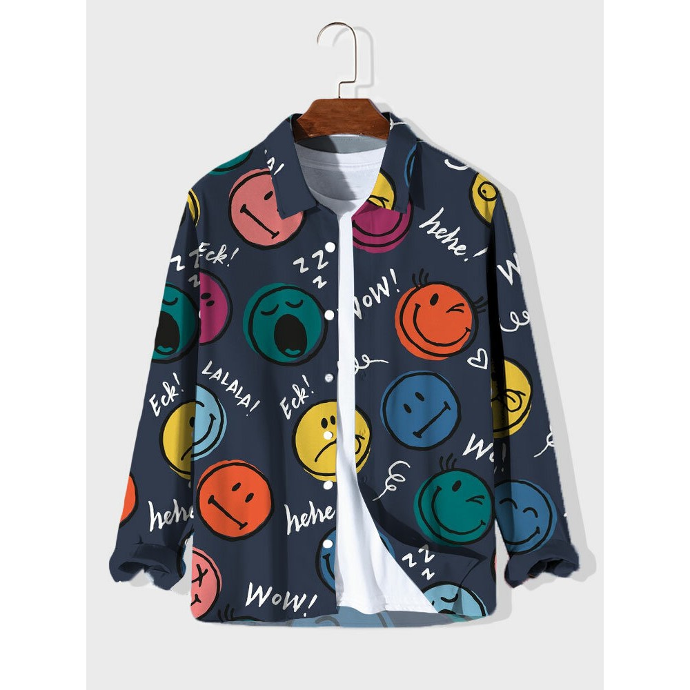 Mens Allover Colorful Smile Print Lapel Long Sleeve Shirts Winter
