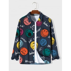 Mens Allover Colorful Smile Print Lapel Long Sleeve Shirts Winter