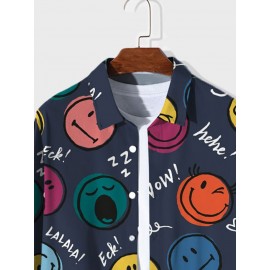 Mens Allover Colorful Smile Print Lapel Long Sleeve Shirts Winter